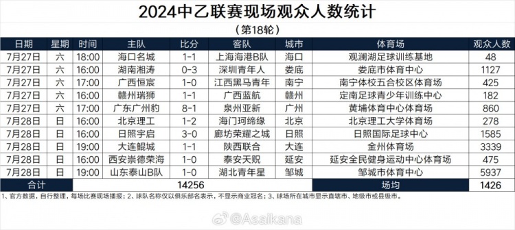  2024中乙第18轮联赛观众统计分析
